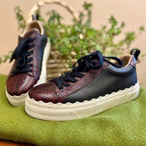 Women's Chloé Lauren Black Calfskin and Red Snakeskin Snakers